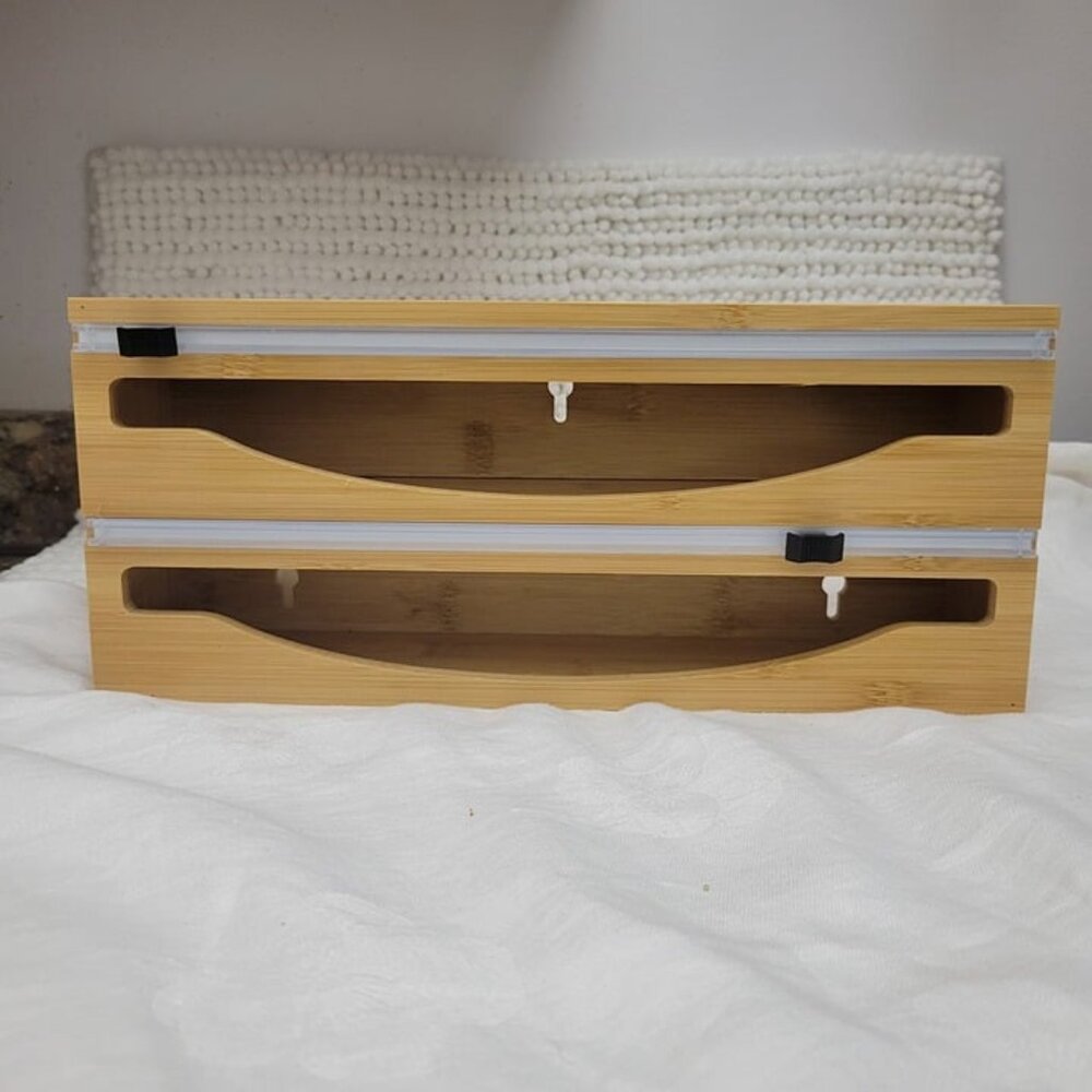 NEW Bamboo Kitchen Wrap Organizer Dispenser hold 12" rolls wax paper foil slider